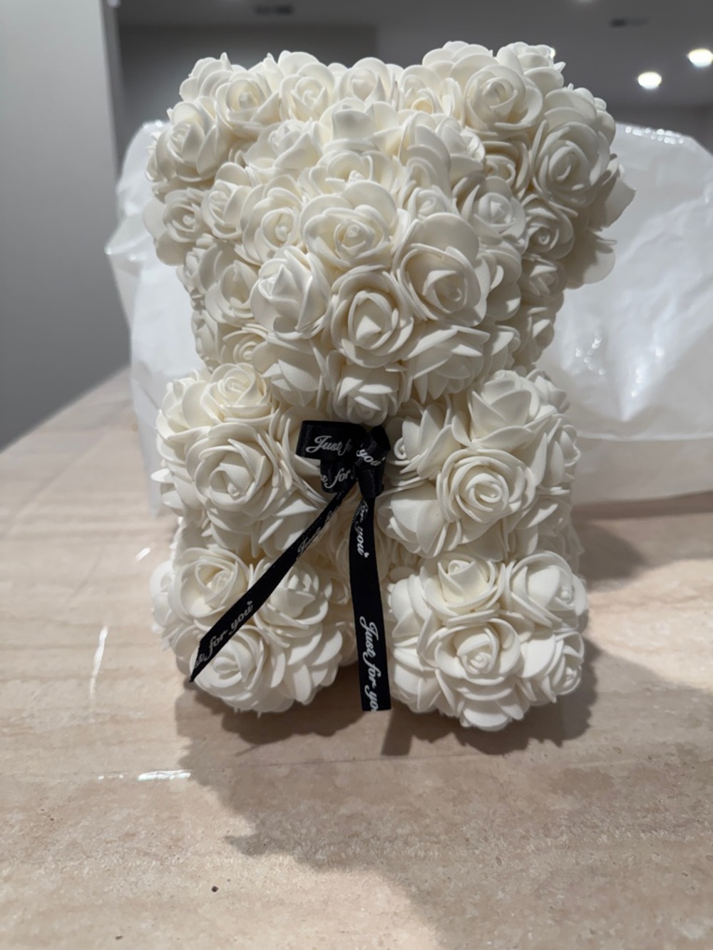 White Rose Bear with Black Ribbon